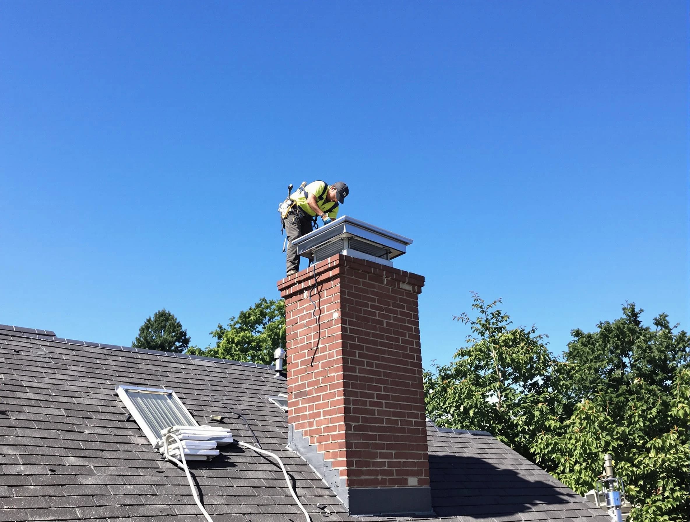 Gallatin Chimney Sweep technician measuring a chimney cap in Gallatin, TN